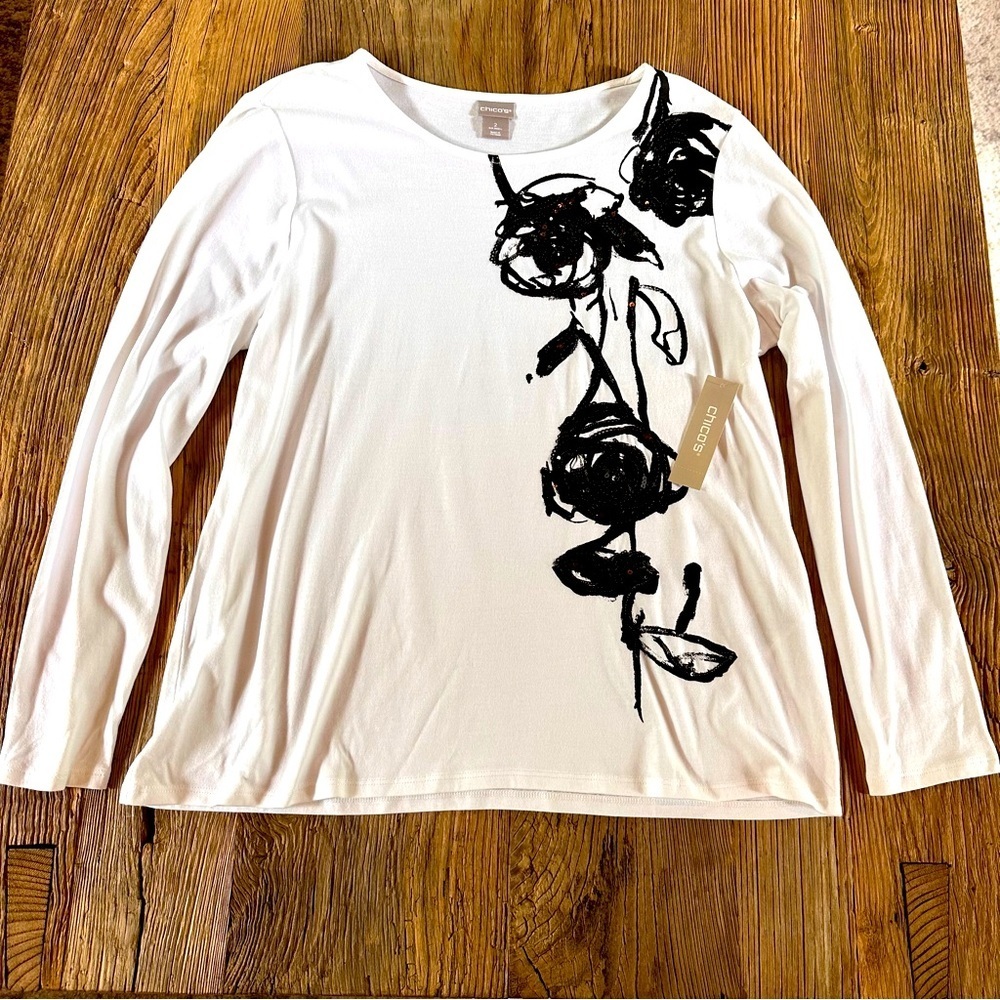 Chico’s 2 NWT Black White Floral Sequin Embroidery Knit Tee Long Sleeve Top L